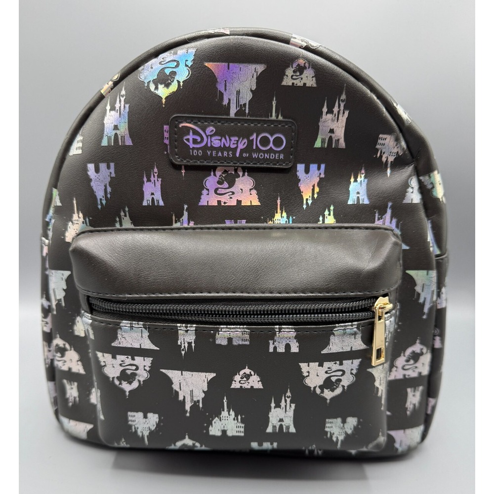 Women's Disney 100th Princess Castles Mini Backpack Purse Black & Shiny Silver